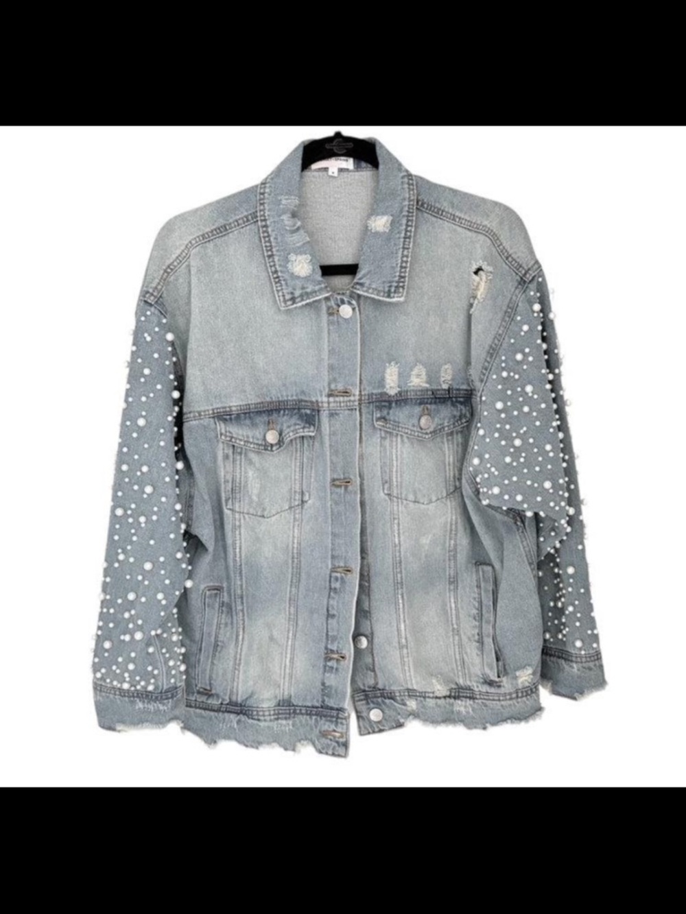 Sunset + Spring Oversized Distressed Denim Jacket | Faux Pearl Detail | Size M
